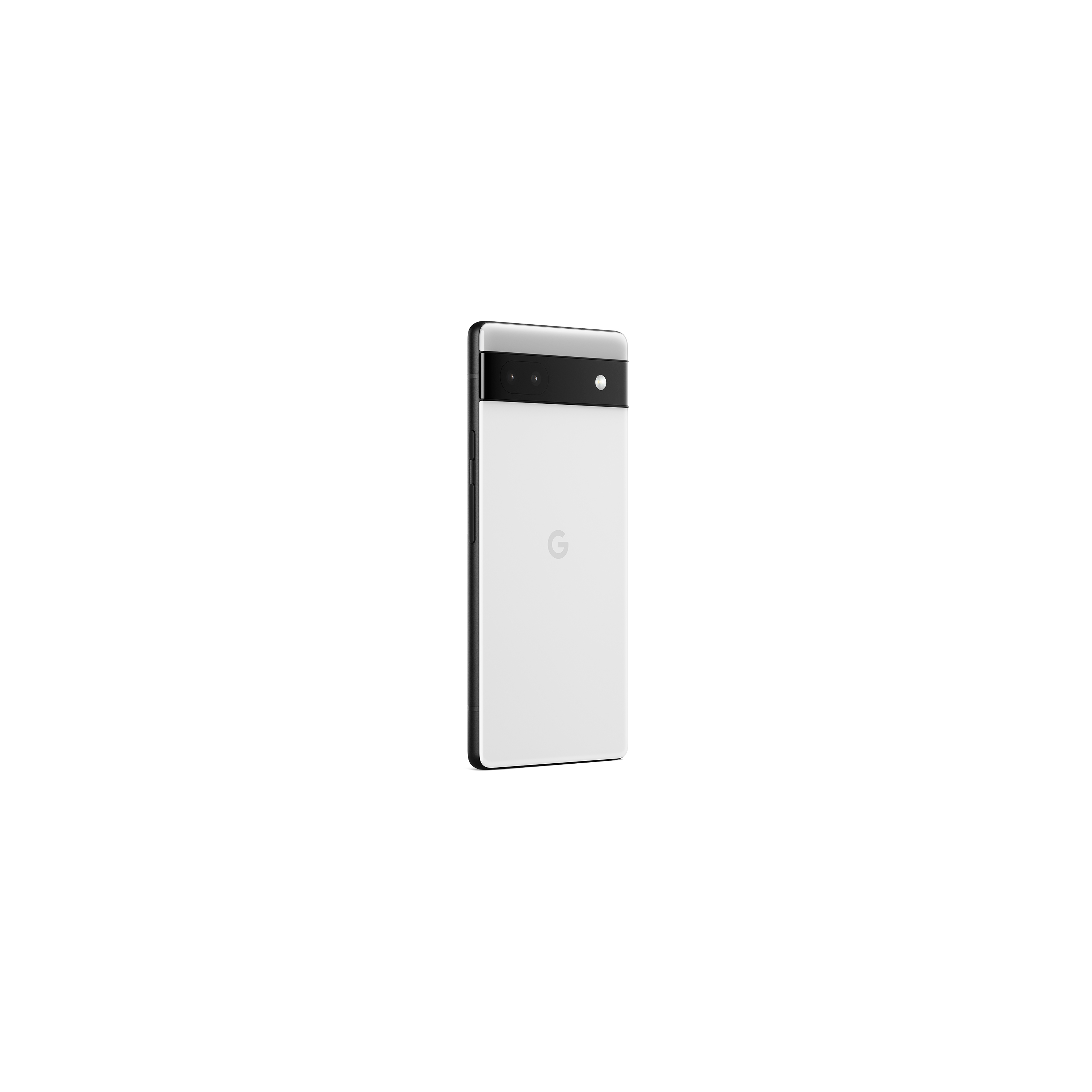 Die Rückseite eines weißen und schwarzen Google Pixel-Telefons, das die Kamera und das G-Logo zeigt.