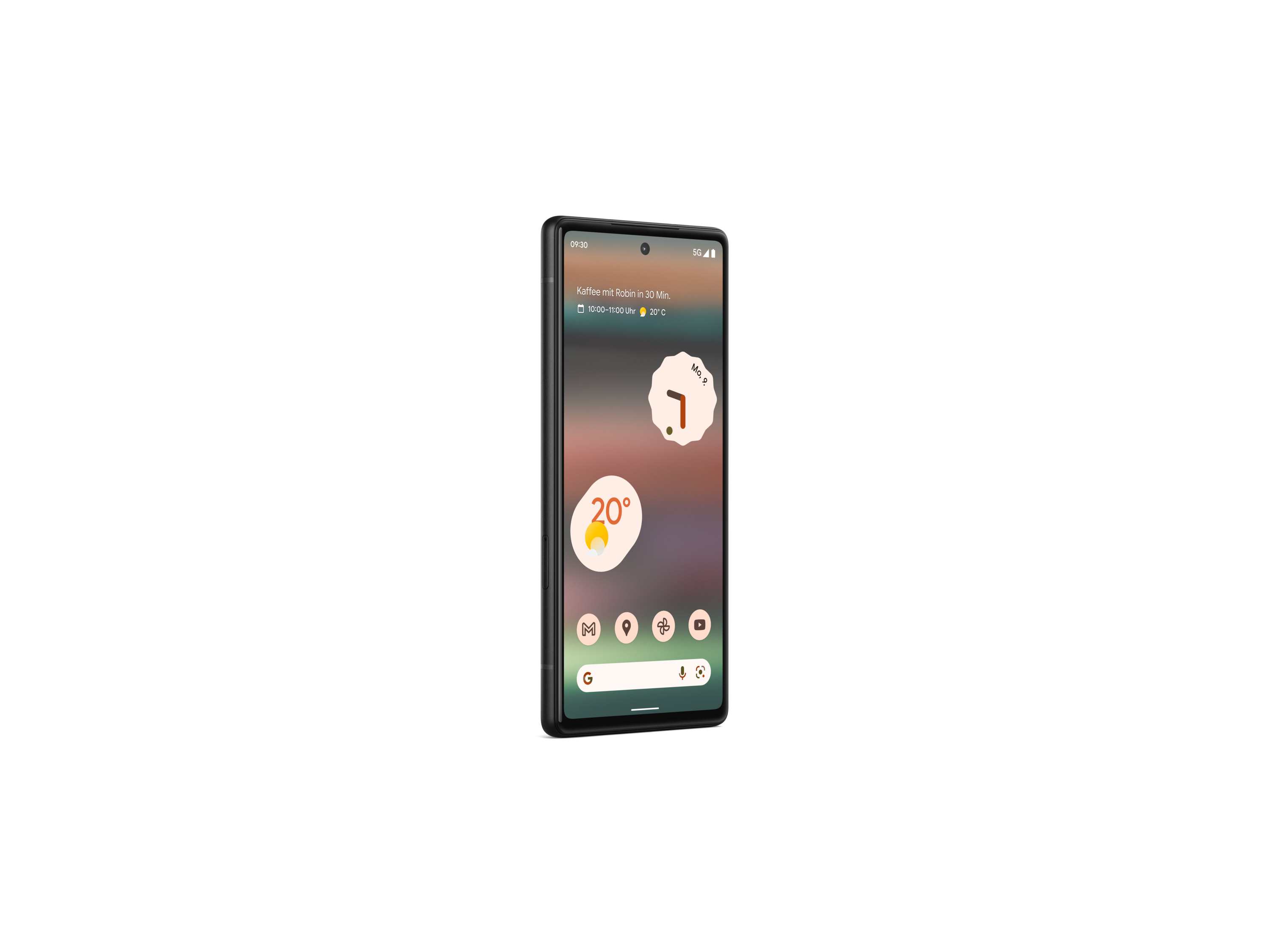 Ein schwarzes Mobiltelefon, das einen farbenfrohen Bildschirm anzeigt, mit weißem Hintergrund.
