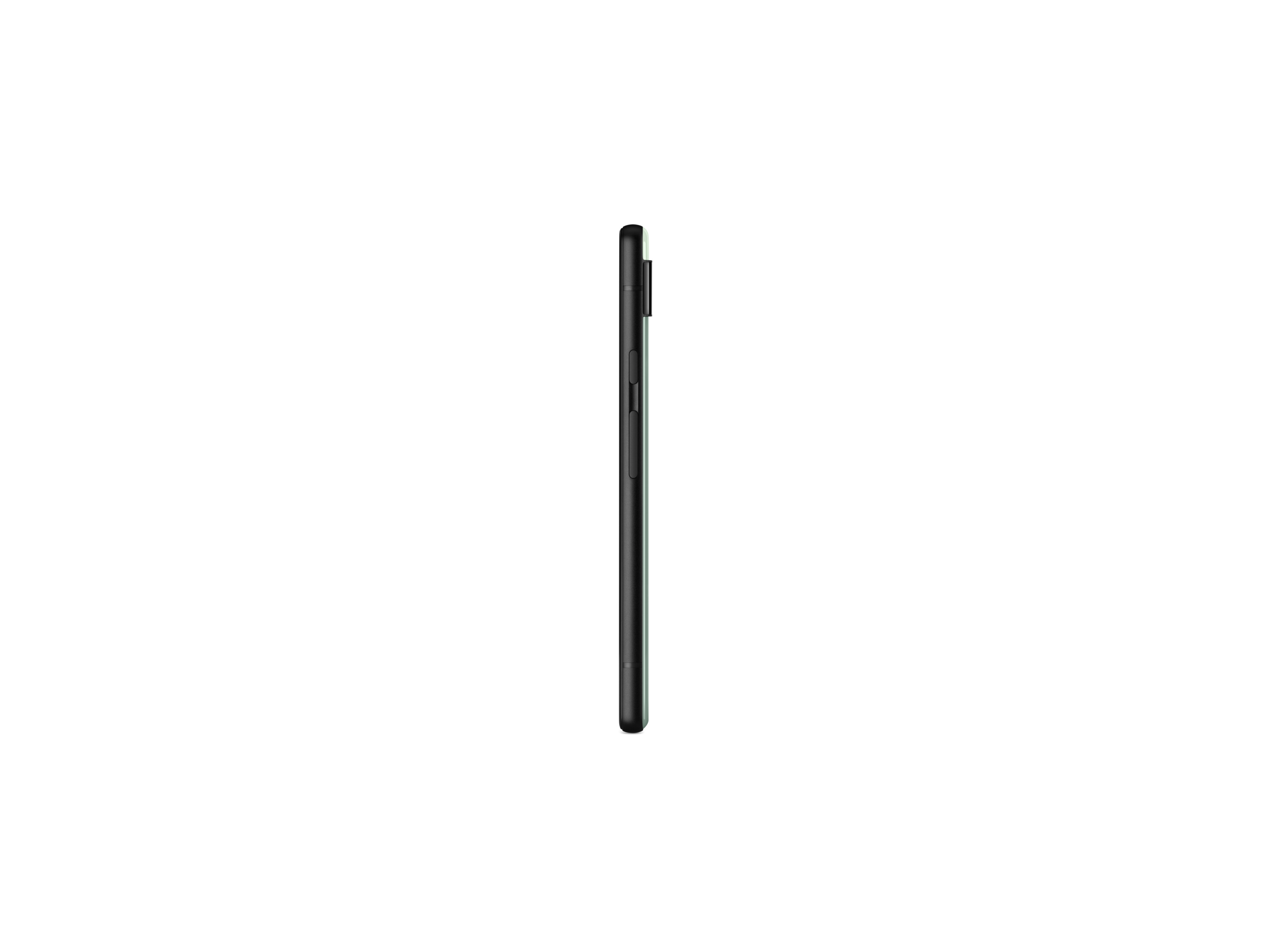 Seitenansicht eines Smartphones, dunkelgrün, vor weißem Hintergrund.