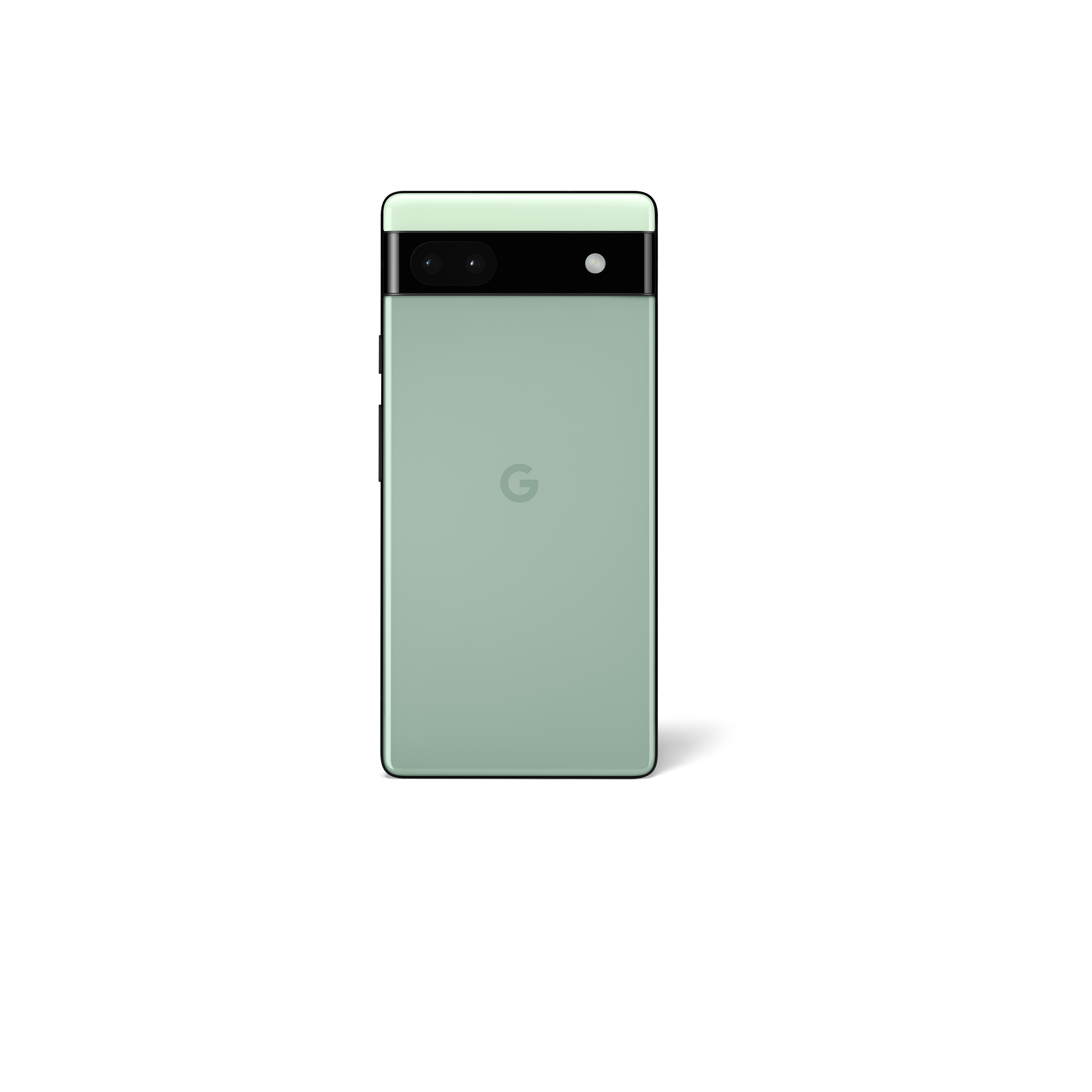 Grünes Telefon, Rückansicht, Kamera, Blitz und Google-Logo, weißer Hintergrund.