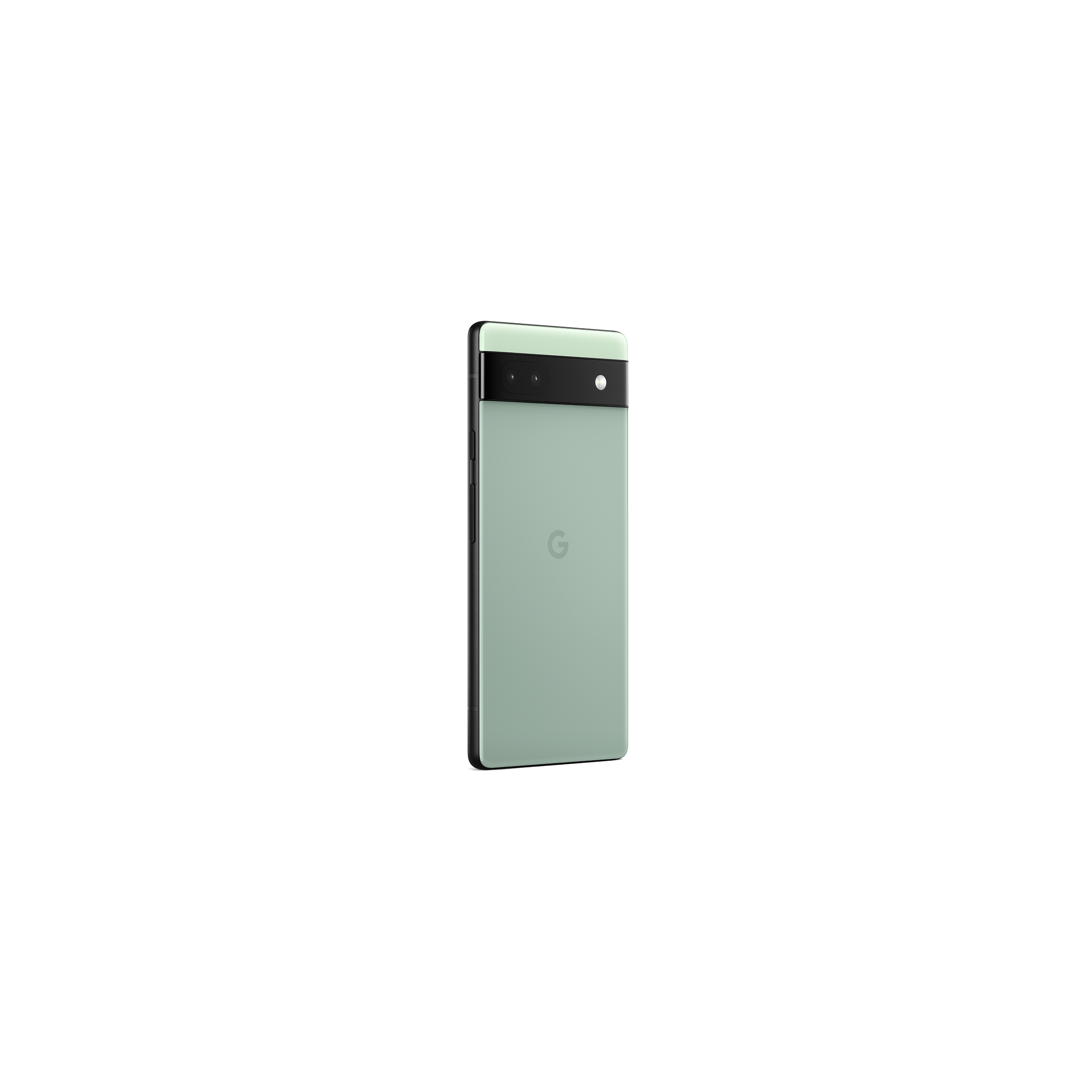Ein mintgrünes Google Pixel 6a Telefon, von hinten betrachtet.
