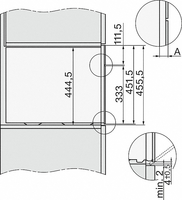 Diagramm mit Abmessungen für einen Miele DG 7140 Dampfgarer. Enthält detaillierte Messungen in mm.