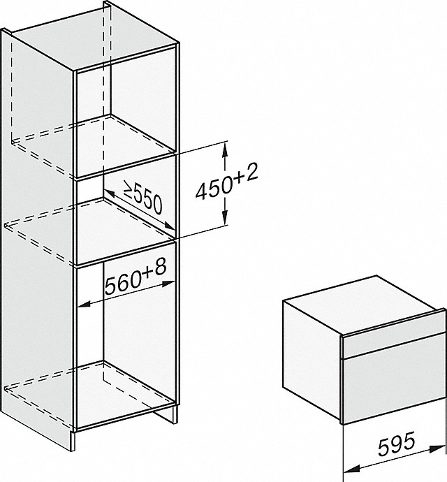 Diagramm mit den Abmessungen eines Ofens und eines Schranks, mit Maßen in Millimetern.