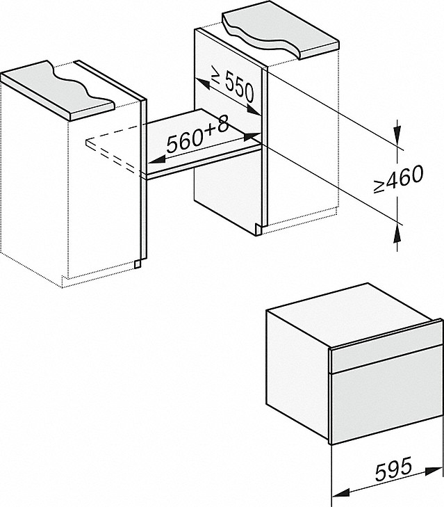 Diagramm der Einbaumaße für eine Mikrowelle. Zeigt die Abmessungen, einschließlich Breiten- und Höhenanforderungen.
