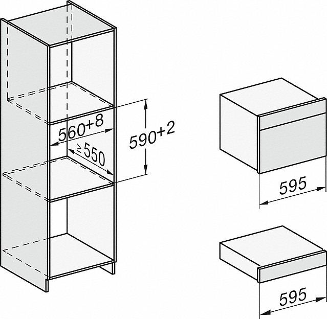 Diagramm mit Maßen für einen Einbau-Küchenschrank und Geräte.
