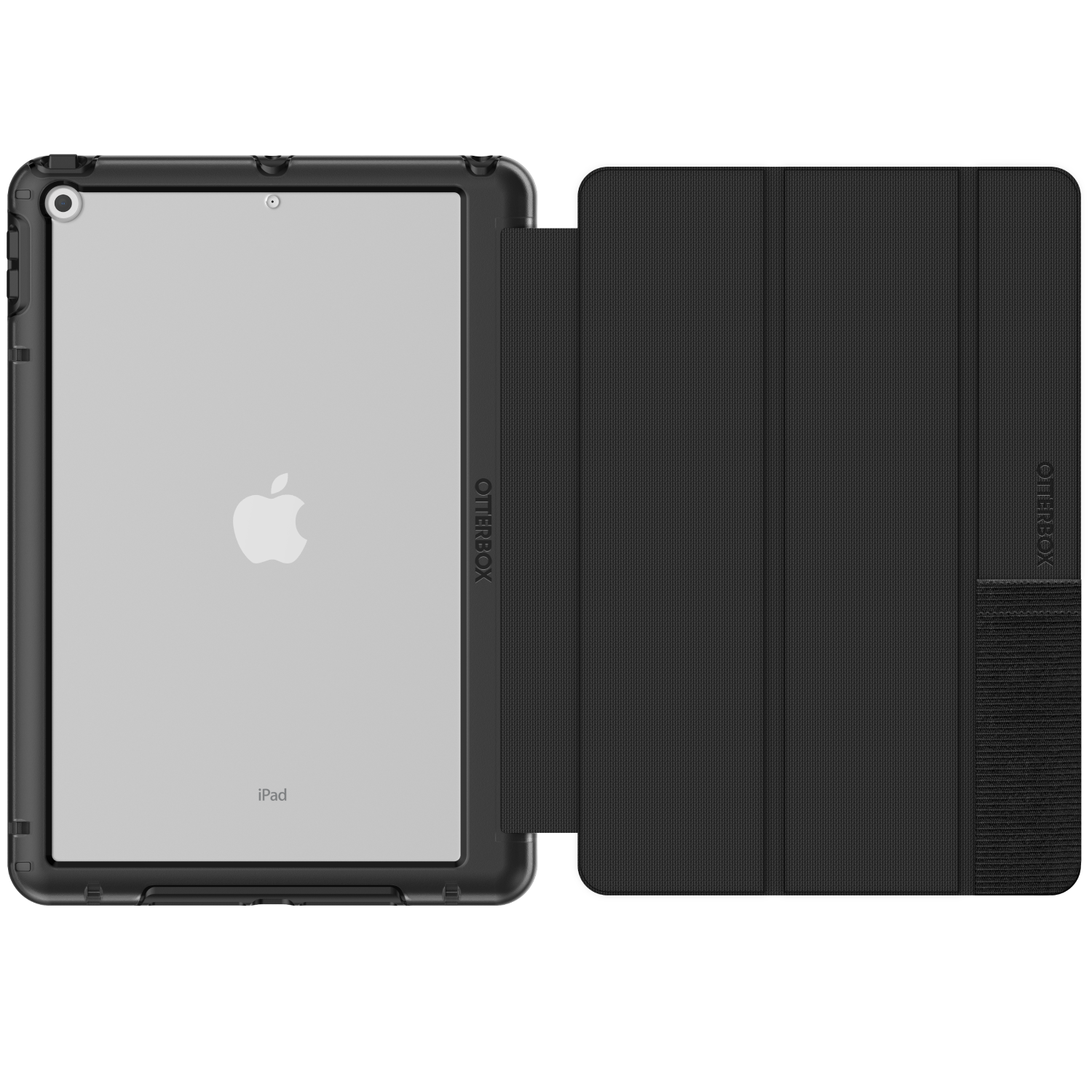An iPad in a black Otterbox case, open to show the iPad and cover. White background.