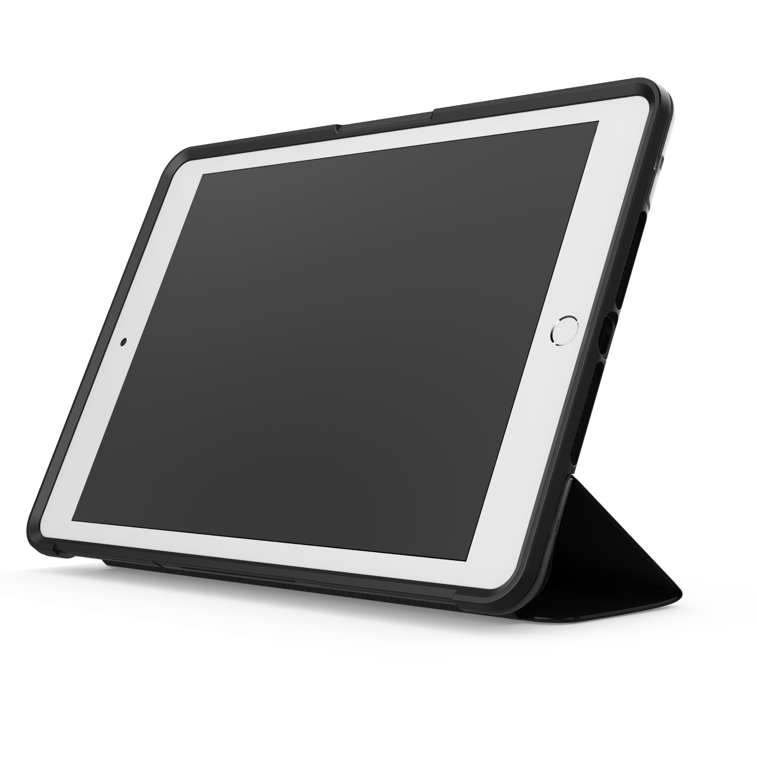 A black tablet in a case, propped up at an angle on a black surface, against a black background.