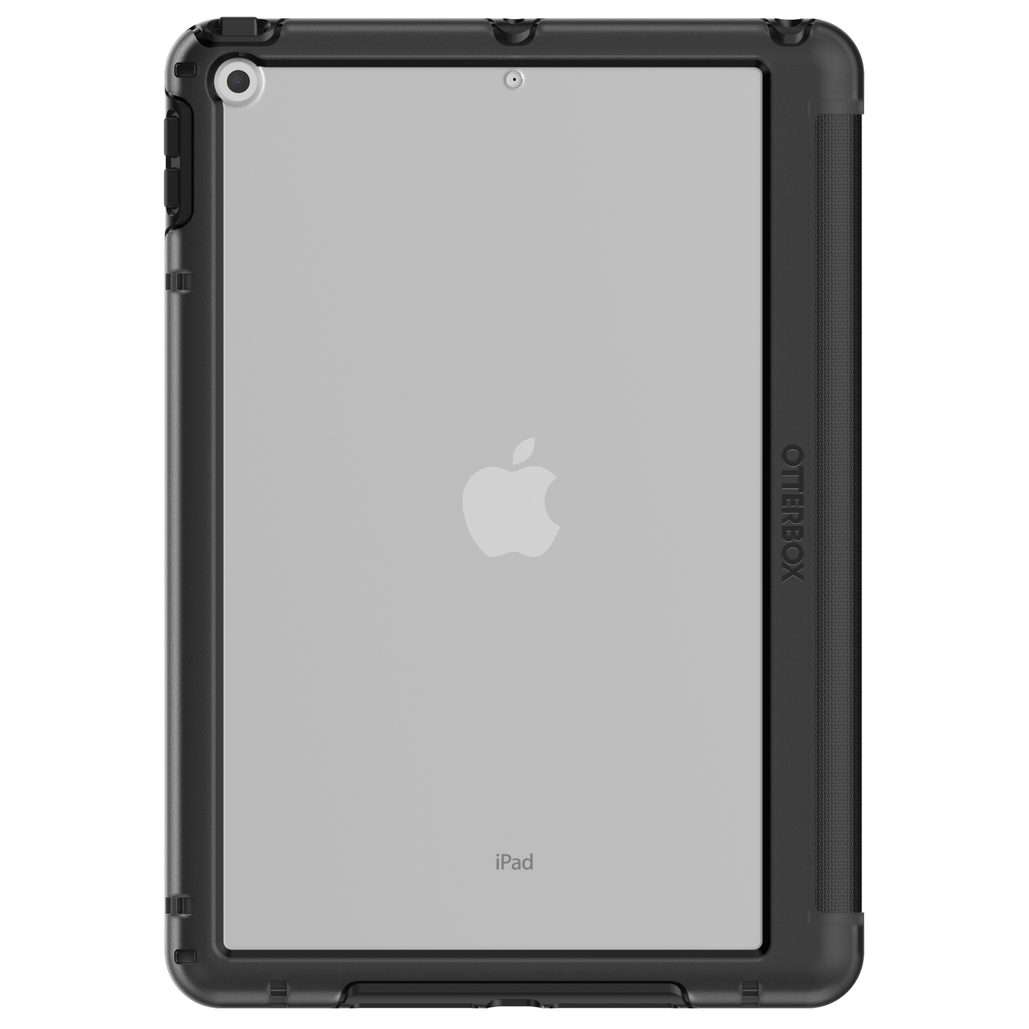An iPad in a protective black case. The Apple logo is visible.