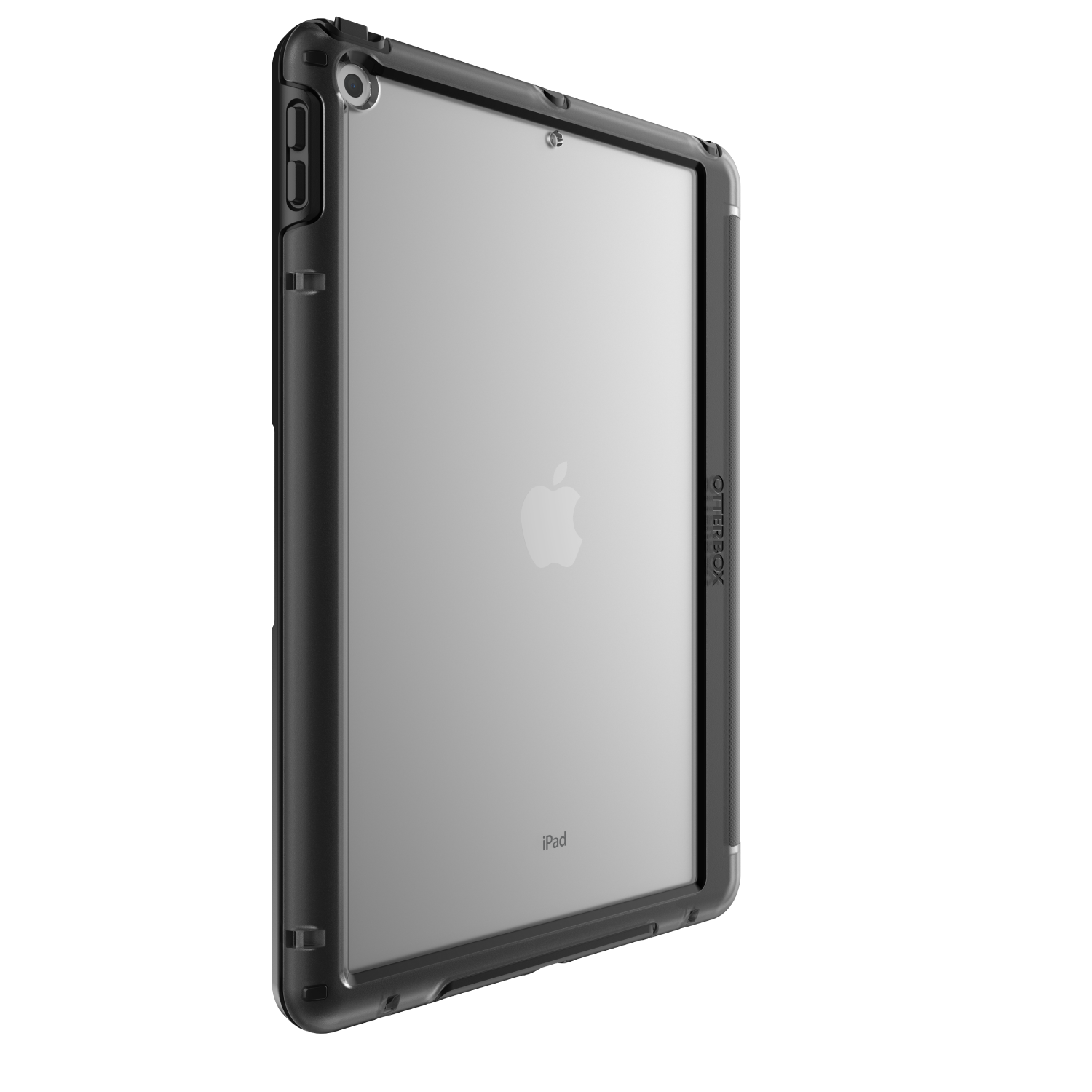 Black iPad encased in a black OtterBox protective case, displaying the Apple logo on a black background.