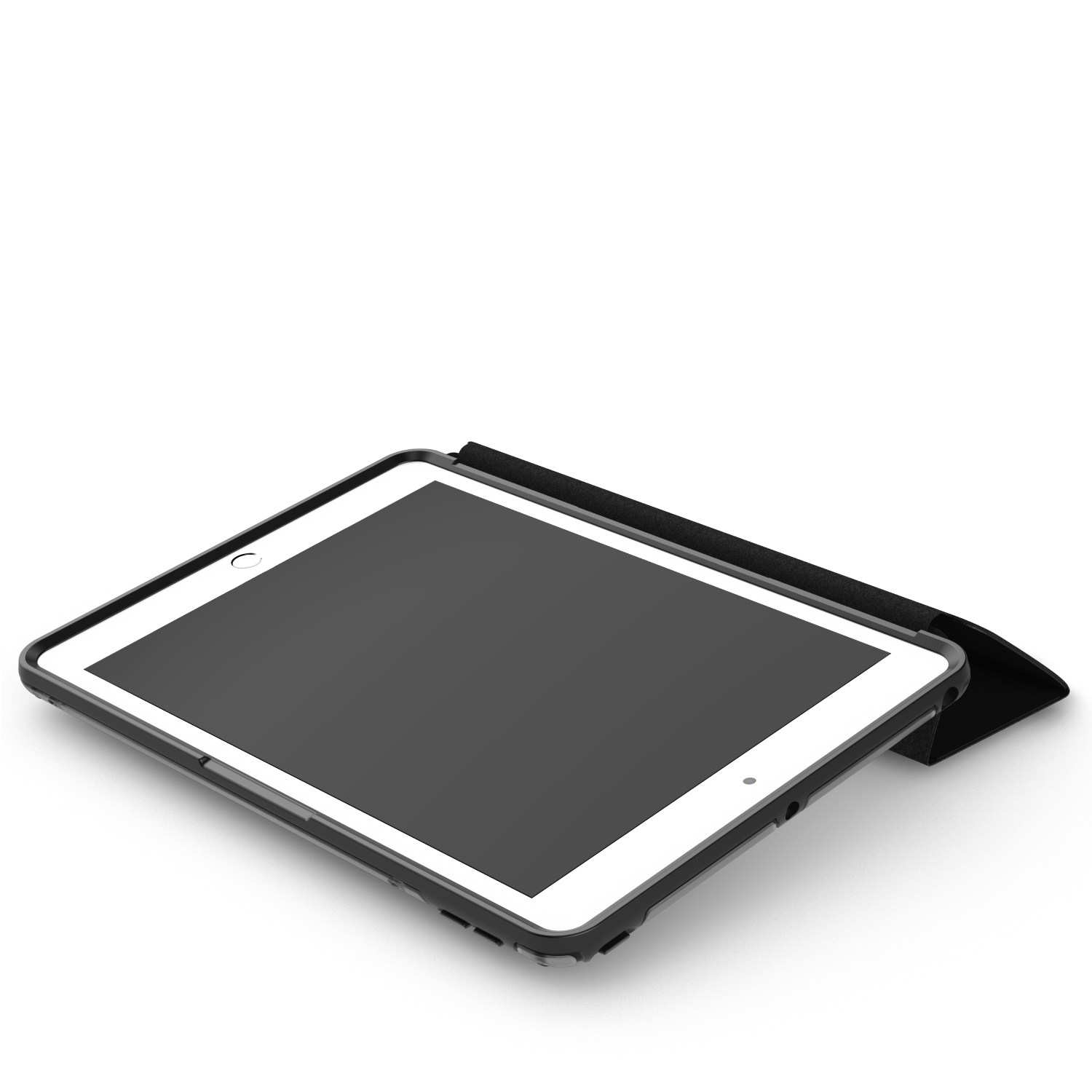 An iPad in a protective case. It is angled, showing the screen and the case details.