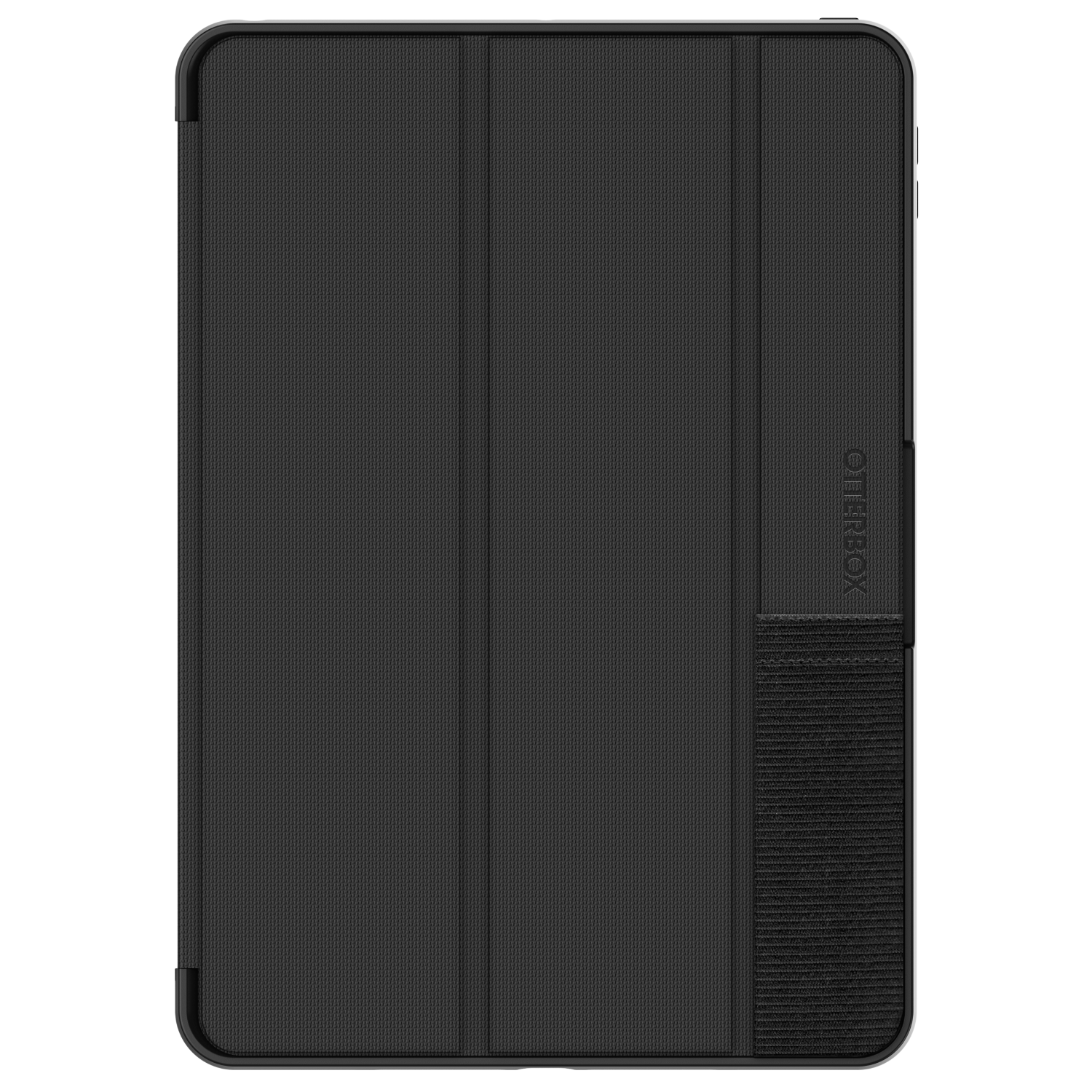 Black OtterBox tablet case with a textured front and a strap.