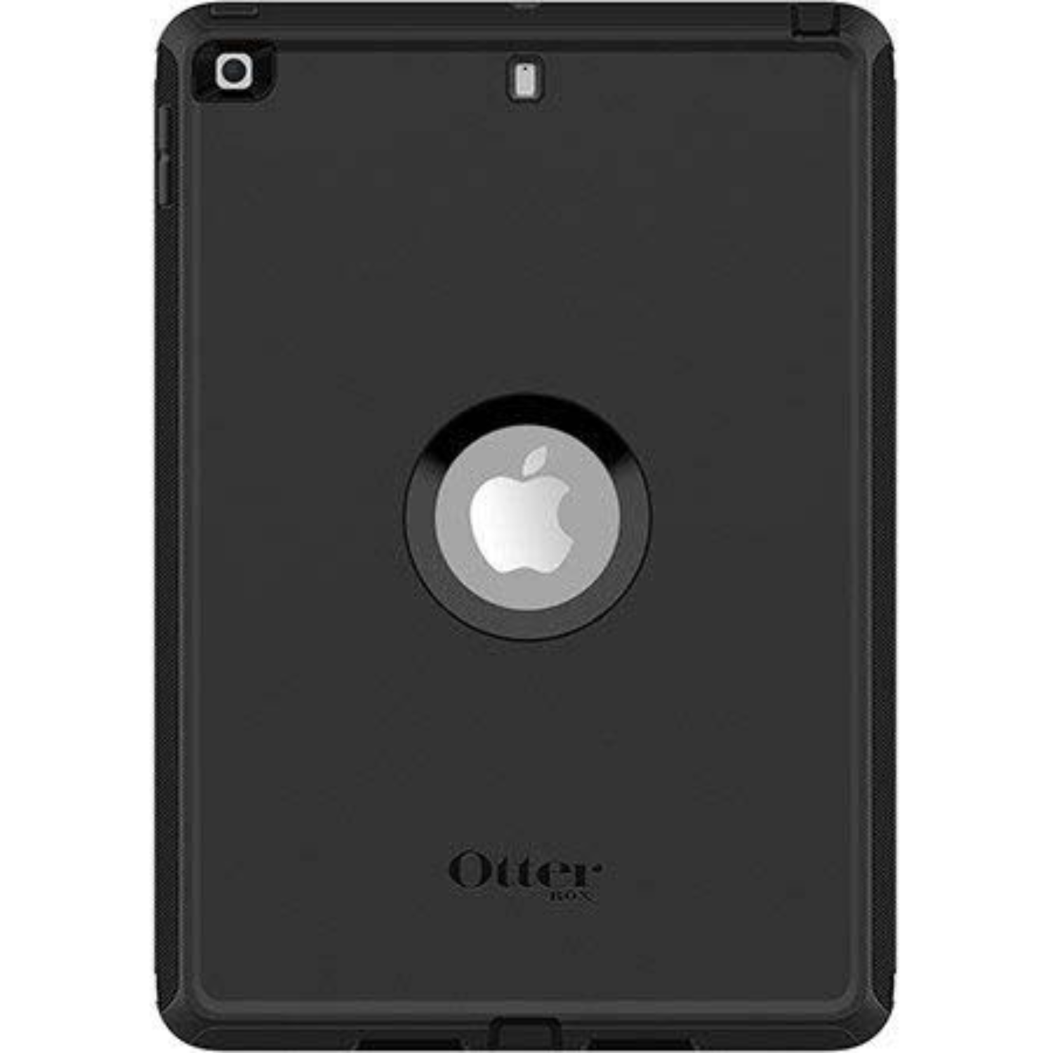 Black iPad case with an Apple logo cutout and OtterBox branding.