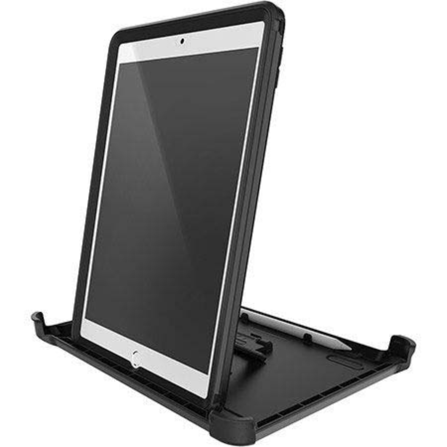 Black tablet in a stand case, on a white background. Stylus pen in place.