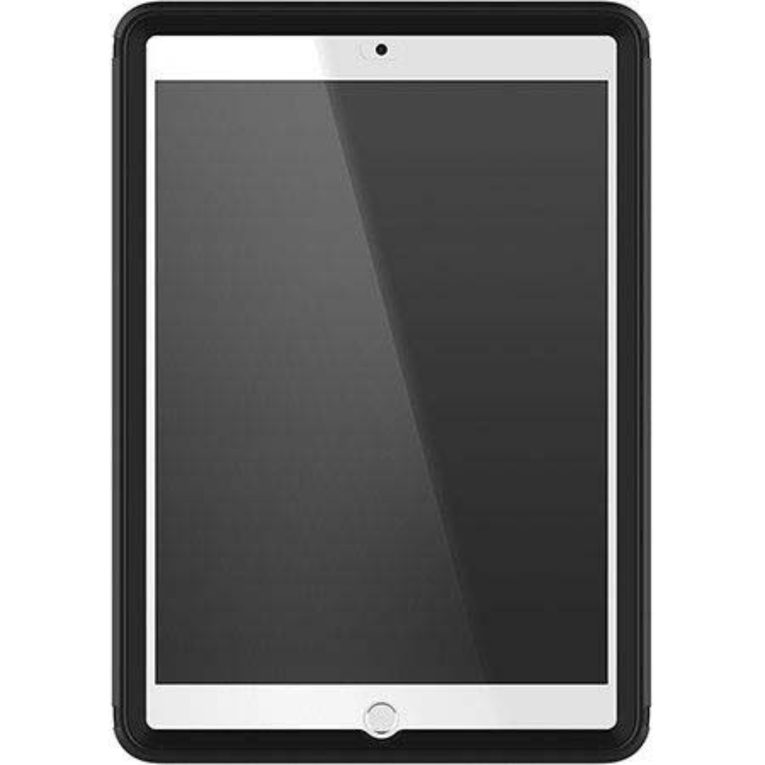 A black tablet inside a black protective case, showing a bright screen, minimalist design.
