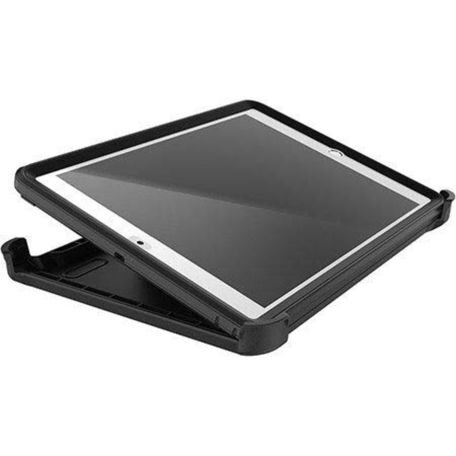 A black tablet in a case, open at an angle, on a black surface, against a black background.
