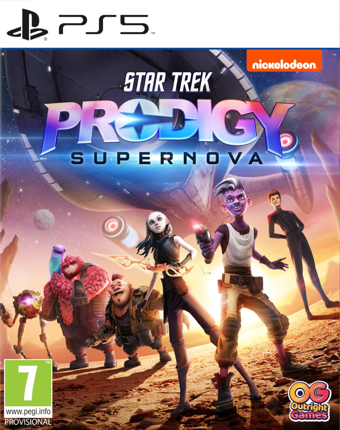 Game cover van Star Trek Prodigy. Toont personages en een ruimteschip. Paars en blauw. PS5-logo.