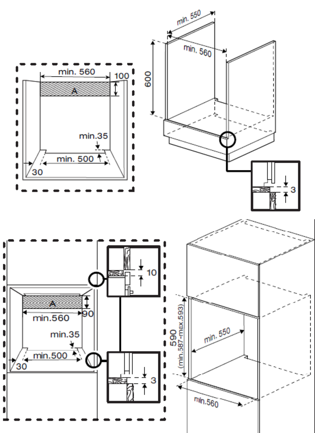 Diagramas técnicos que muestran las dimensiones de un horno empotrado. Líneas punteadas y medidas.