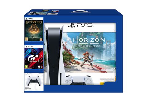 Consola  Sony PS5 Stand B Horizon, 825GB, Blanco + 2 Mandos DualSense™ +  Horizon II Forbidden West (Código) + Elden Ring + Gran Turismo 7