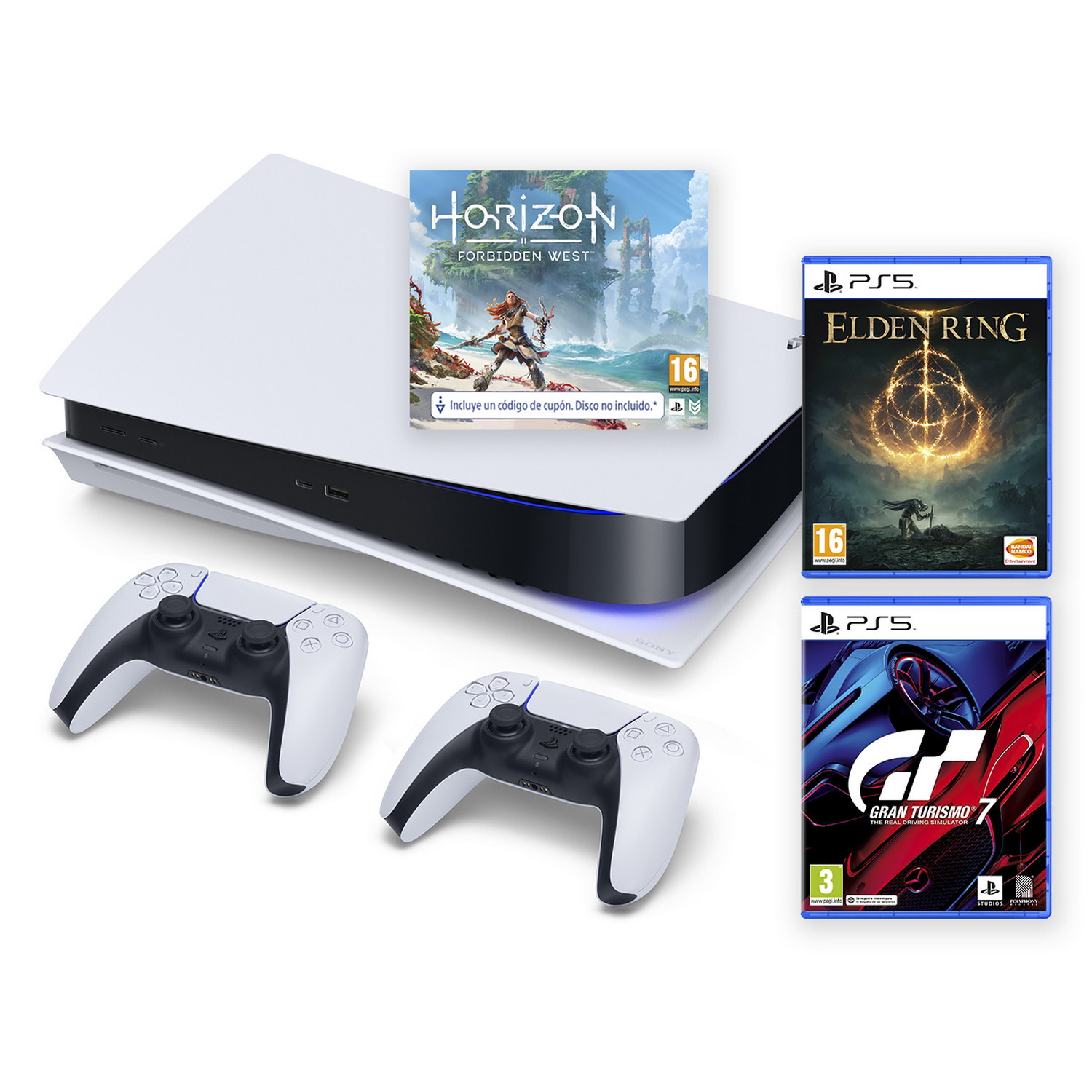 PlayStation 5 con dos mandos y tres carátulas de juegos.