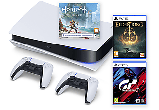 Consola - Sony PS5 StandB Horizon, 825GB, Blanco + 2 DualSense™ Wireless Controller + Horizon II Forbidden West (Código) + Elden Ring + Gran Turismo 7