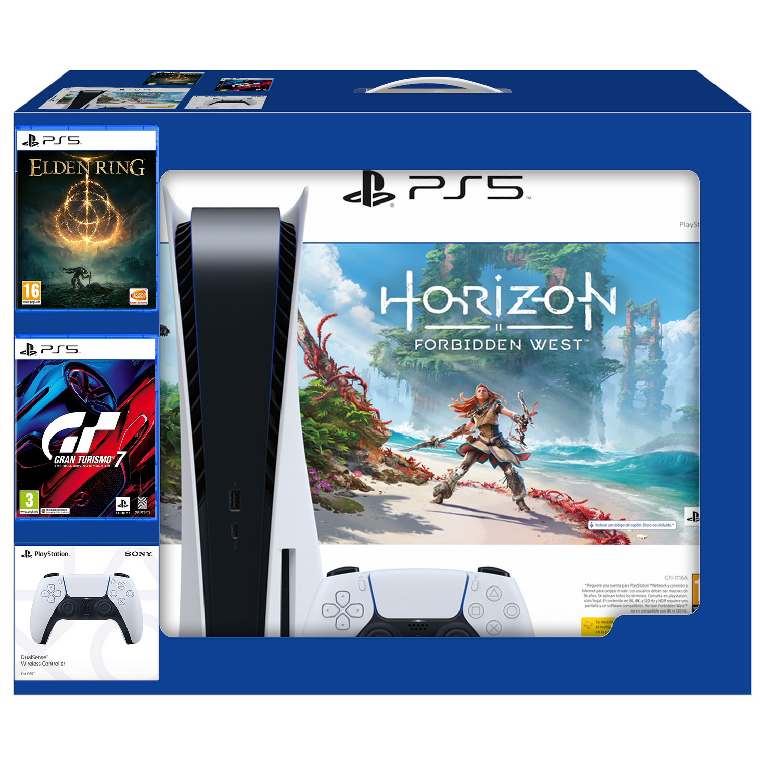 Conjunto de caja de consola PS5 con juegos y mando. Cubiertas de Horizon Forbidden West y Elden Ring visibles.