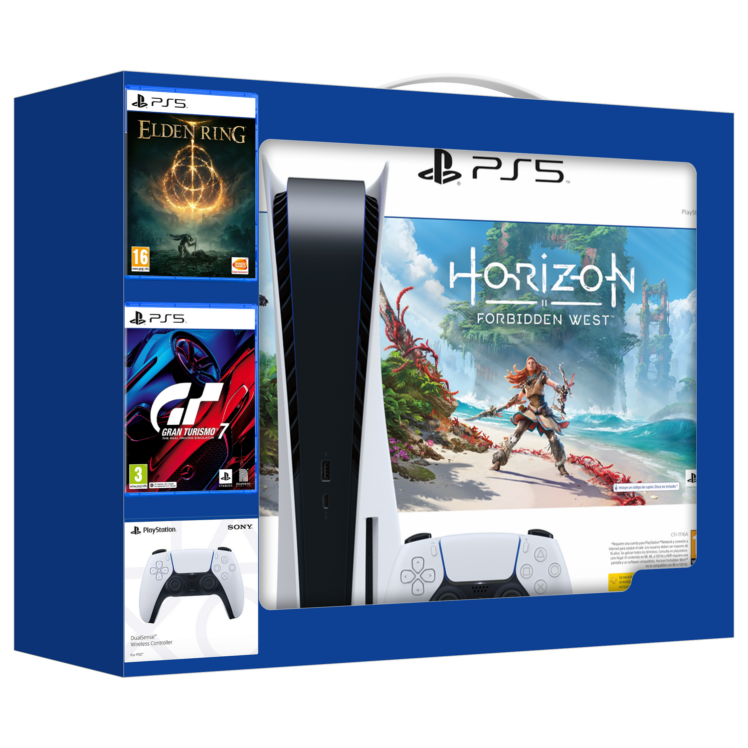 Consola PlayStation 5 con juegos y mando.