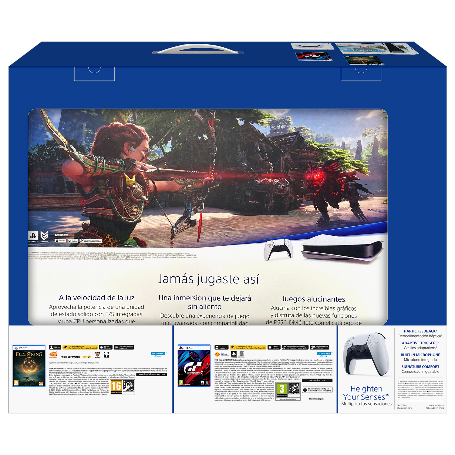 Parte trasera de la caja de PlayStation 5. Imágenes de juegos y texto sobre la consola y sus funciones.