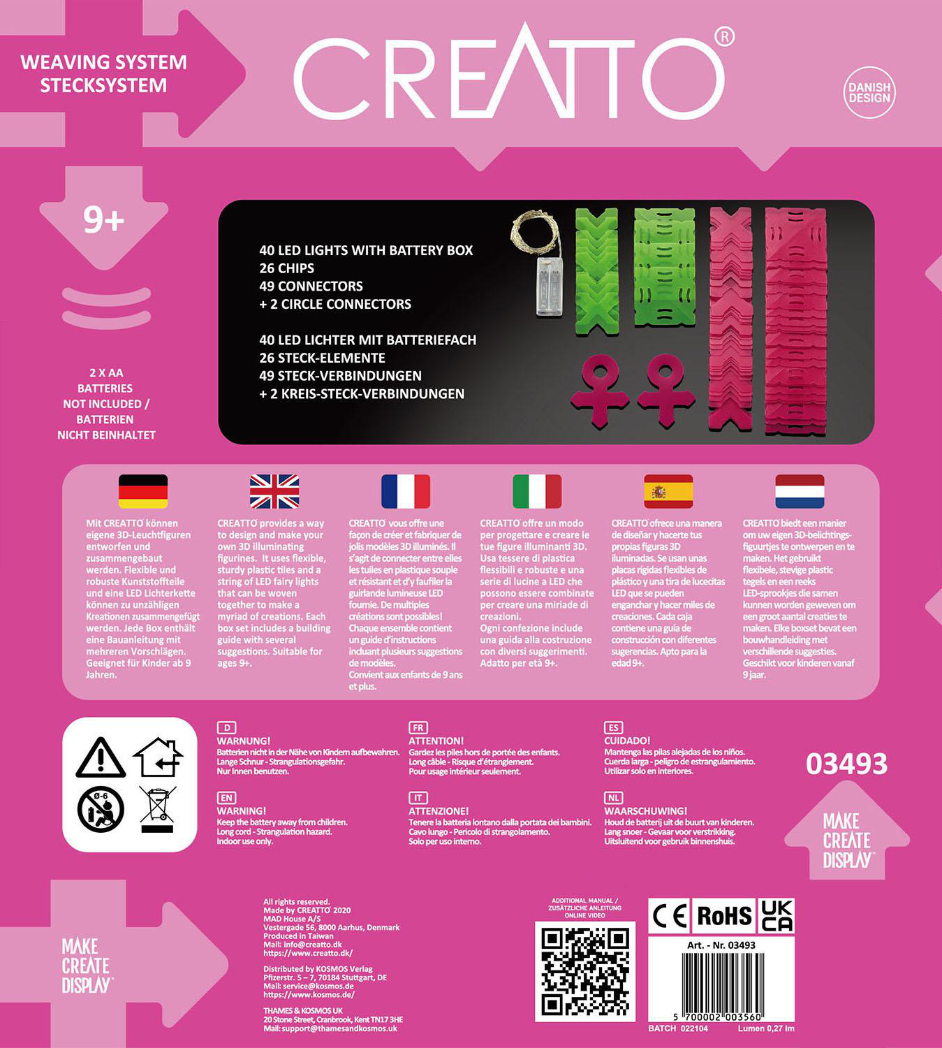 Verpackung für ein Creatto Web-System. Text: Web-System mit Lichtern und Steckverbindern.