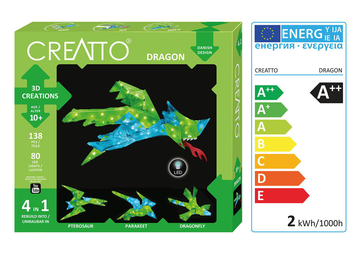 Box zeigt ein Creatto Dragon-Set mit LED-Leuchten und Energielabel.
