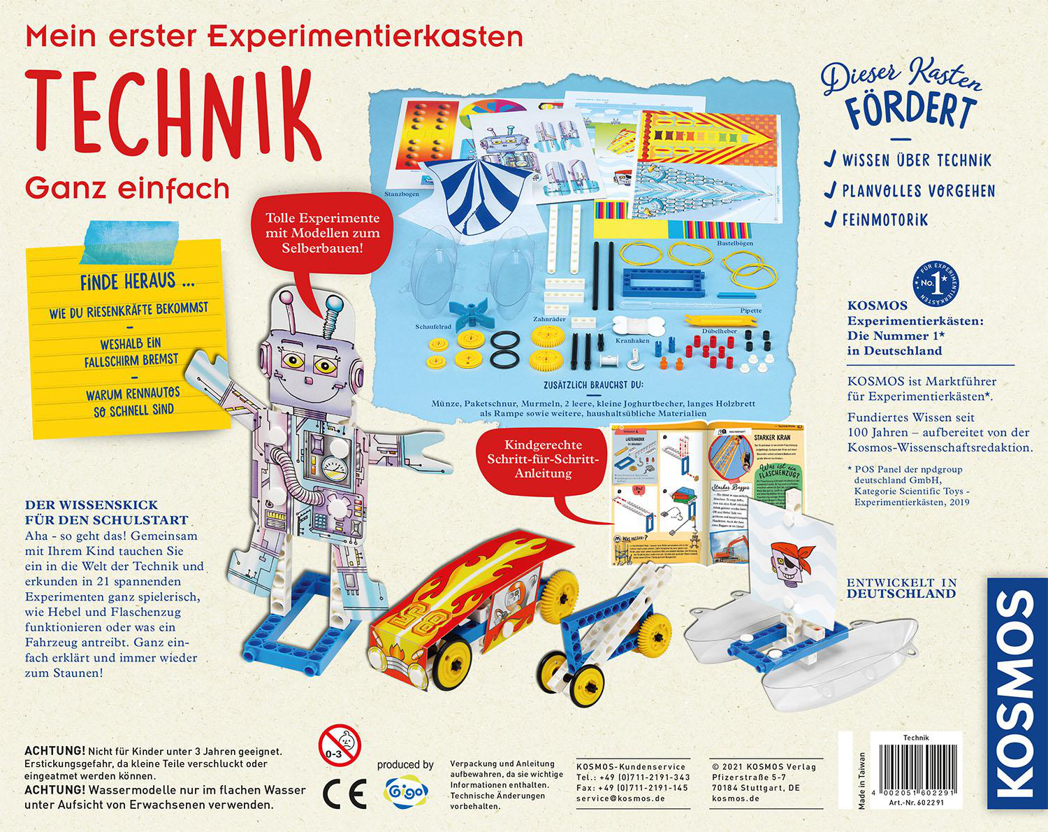 Ein Wissenschafts-Kit mit Roboterteilen, Automodell und Bootsmodell, mit deutschem Text.