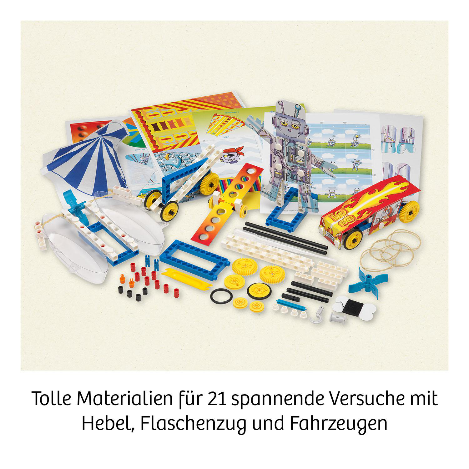 Eine Vielzahl von Konstruktionsspielzeugen wird gezeigt, darunter Spielzeugroboter, Autos und andere Bauteile.