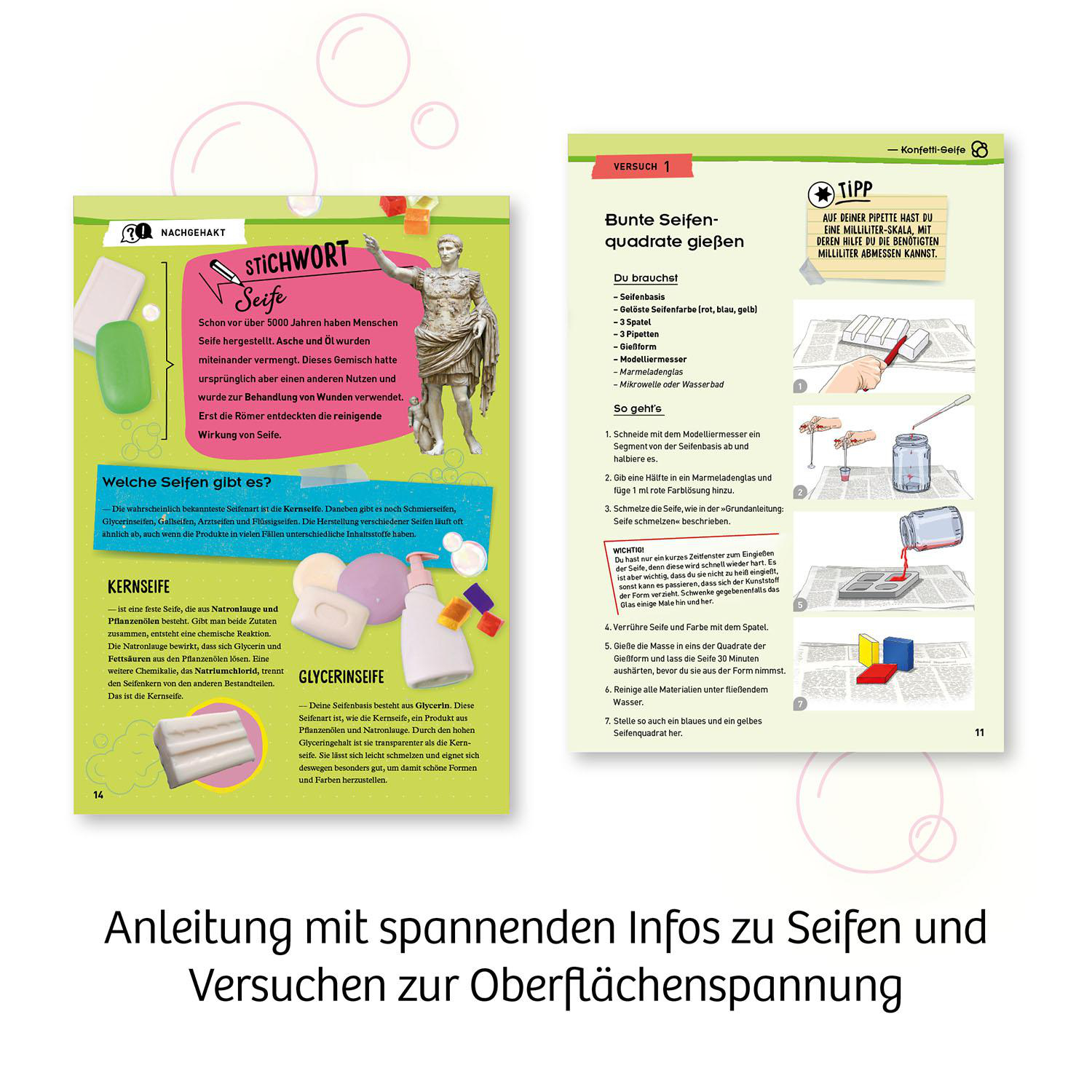 Ein Buch mit Informationen über Seife und Experimente. Es zeigt verschiedene Seifentypen und Anweisungen.