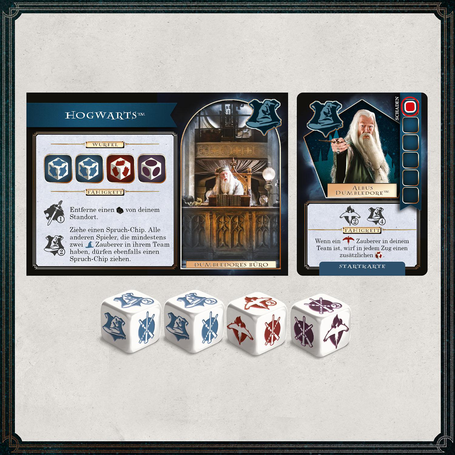 Spielkarten mit Hogwarts-Thema. Würfel mit Symbolen, Dumbledore-Karte und Spielanweisungen.