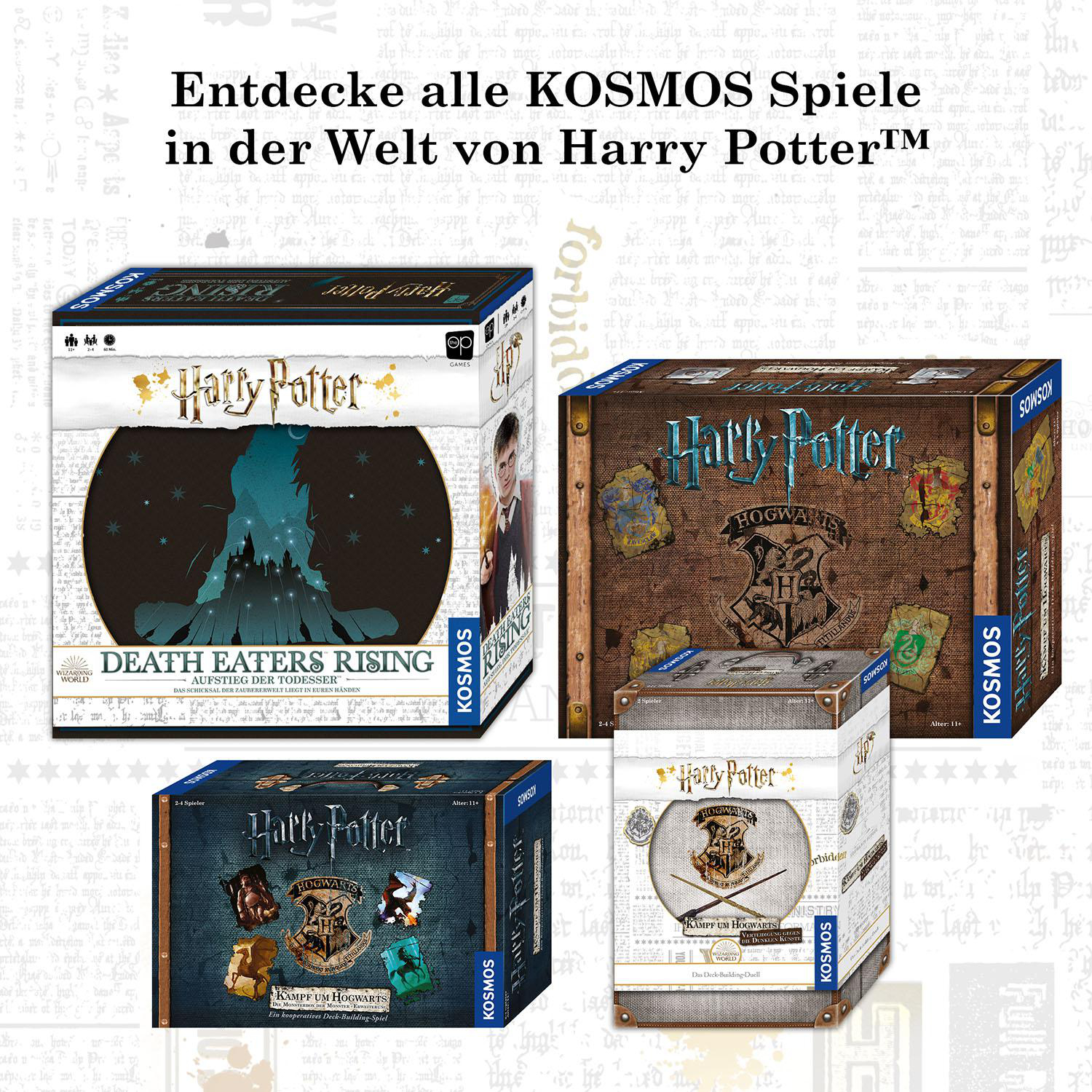 Vier Harry Potter Brettspielboxen auf einem Hintergrund aus Text.