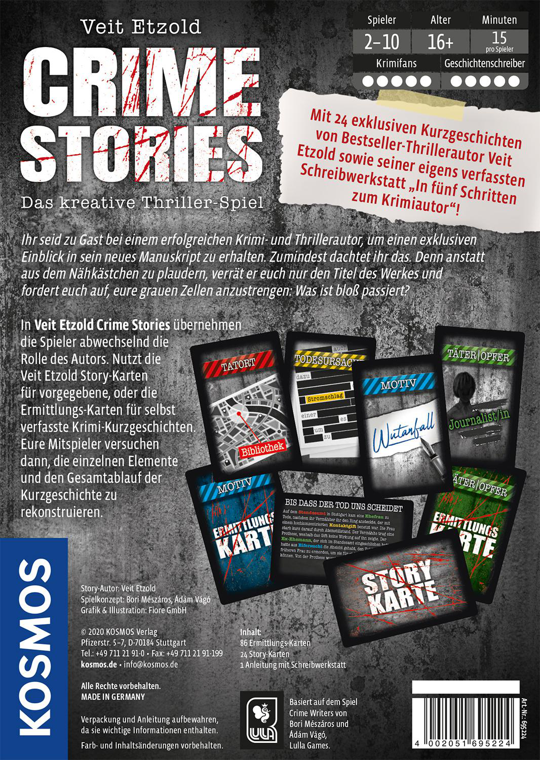 Spieldeckel von 'Crime Stories'. Text und Bilder von Tatortelementen.