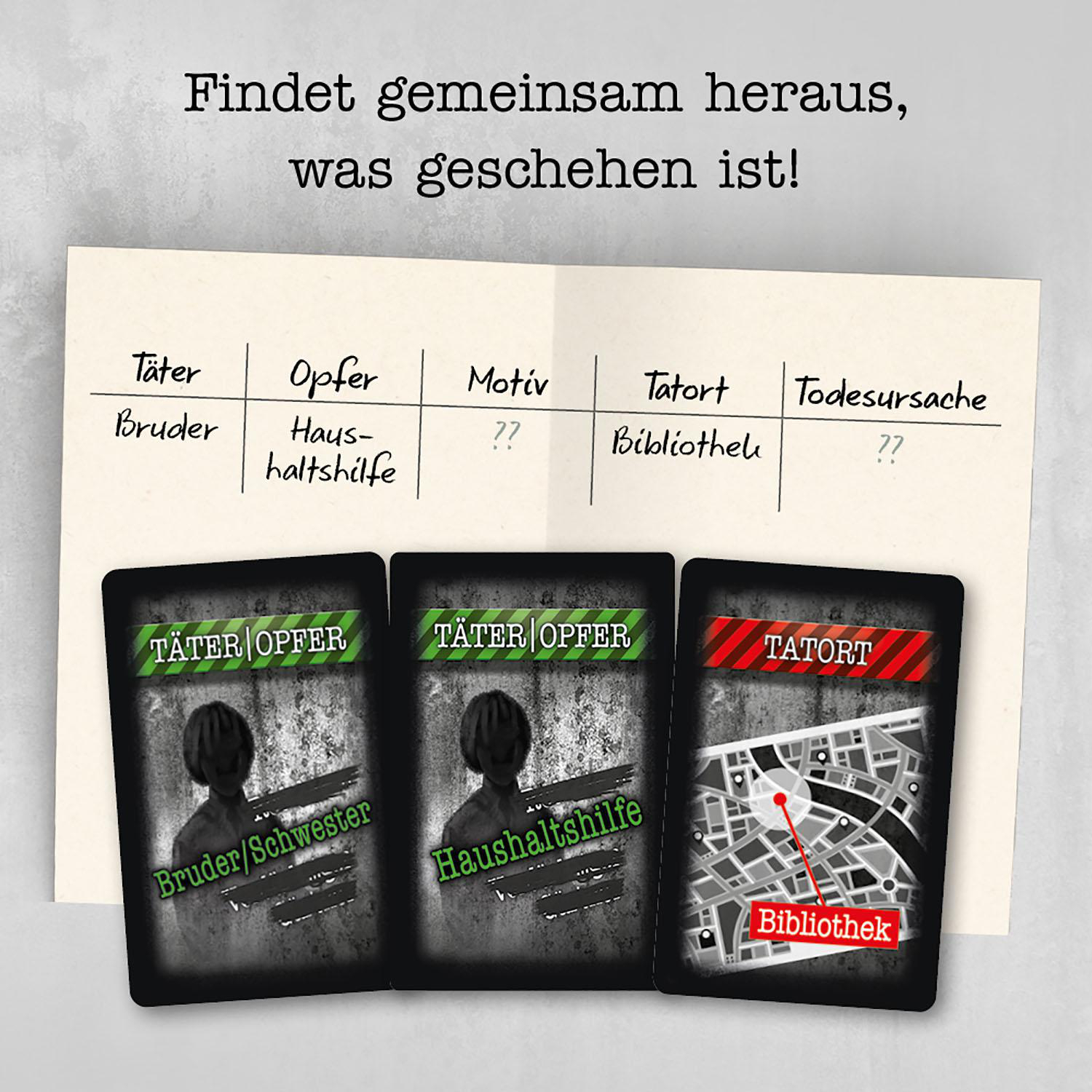 Ein Brettspiel mit Karten, die Hinweise auf ein Verbrechen zeigen.