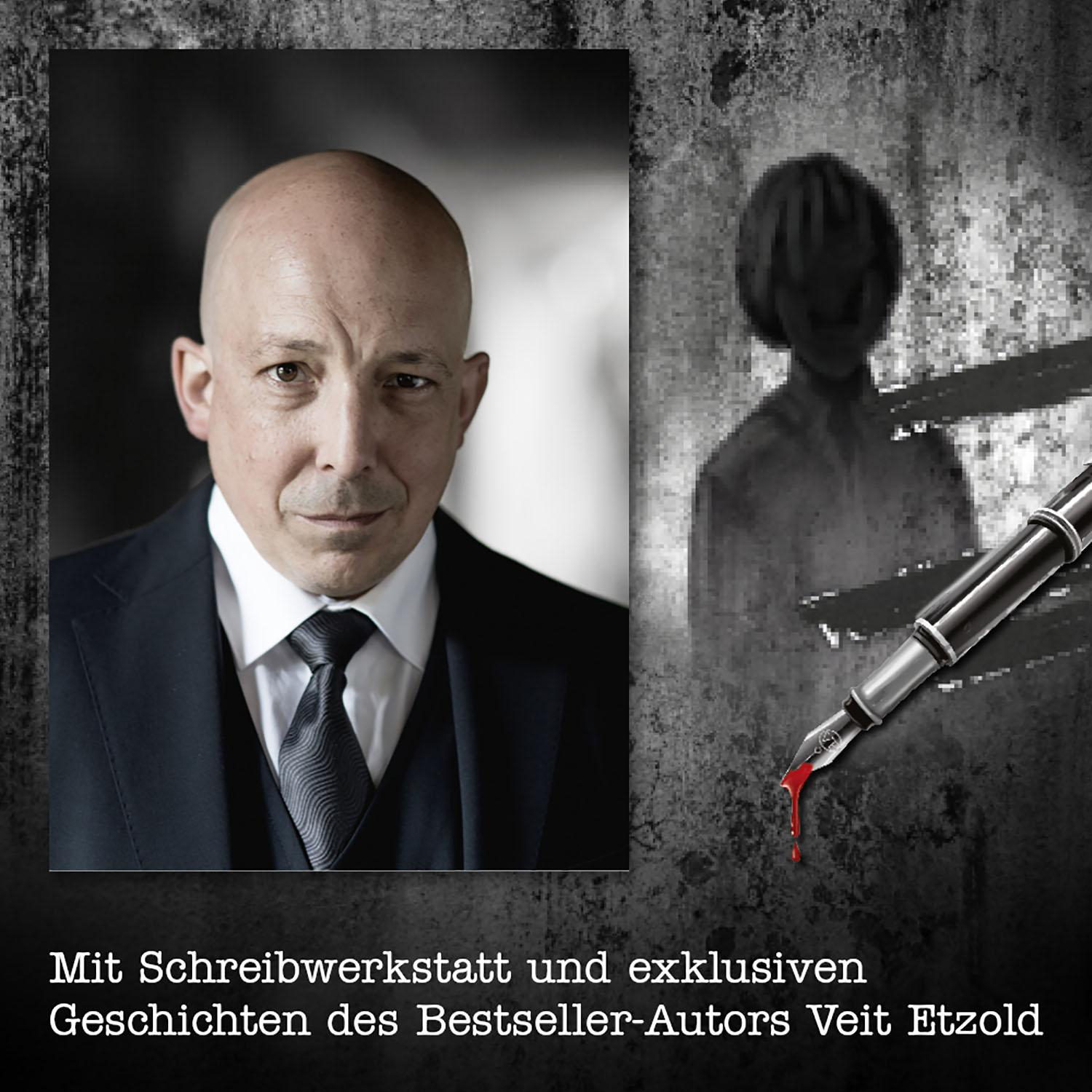 Bild von Veit Etzold im Anzug, mit Glatze und einem Stift, der Blut tropft, und einer verschwommenen Gestalt.