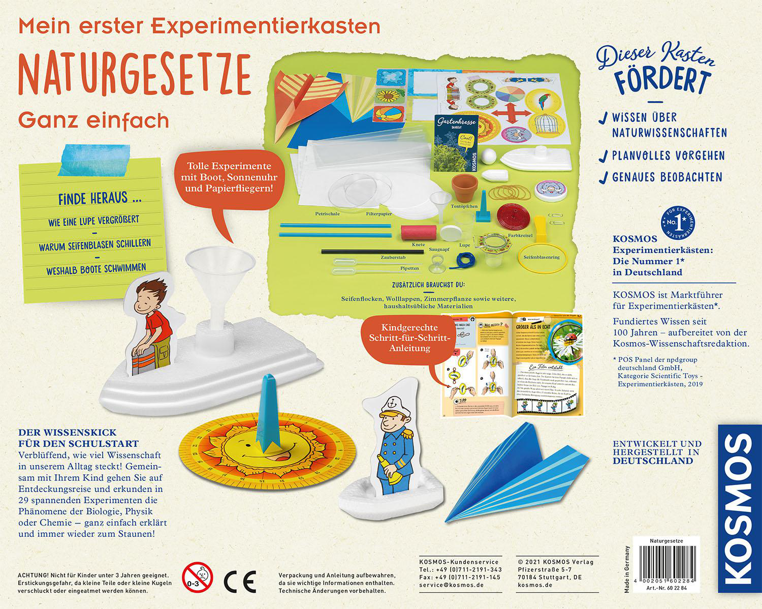 Box mit Lernspielzeug, Experimenten und Anleitungen, Text und Bildern auf weißem Hintergrund.