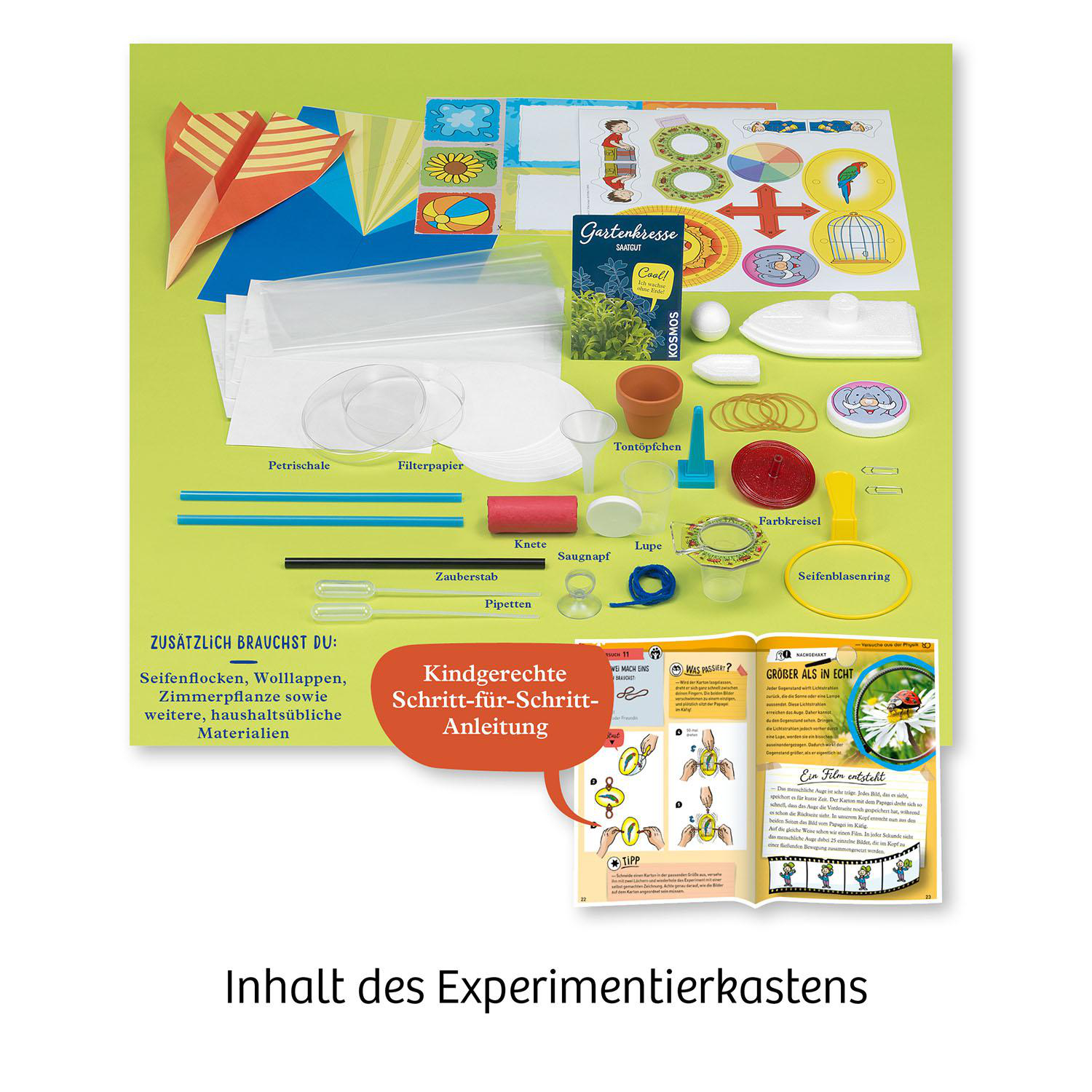 Eine Box mit verschiedenen Bastelmaterialien und einem Heft, mit Text auf Deutsch.
