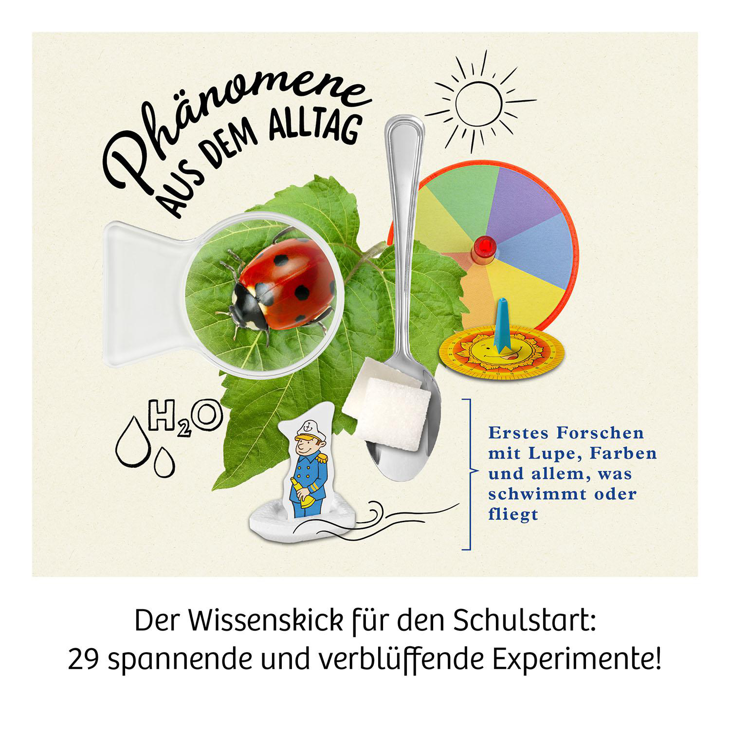Illustration von wissenschaftlichen Experimentierwerkzeugen, darunter ein Marienkäfer, Lupe, Löffel und Kreisel.