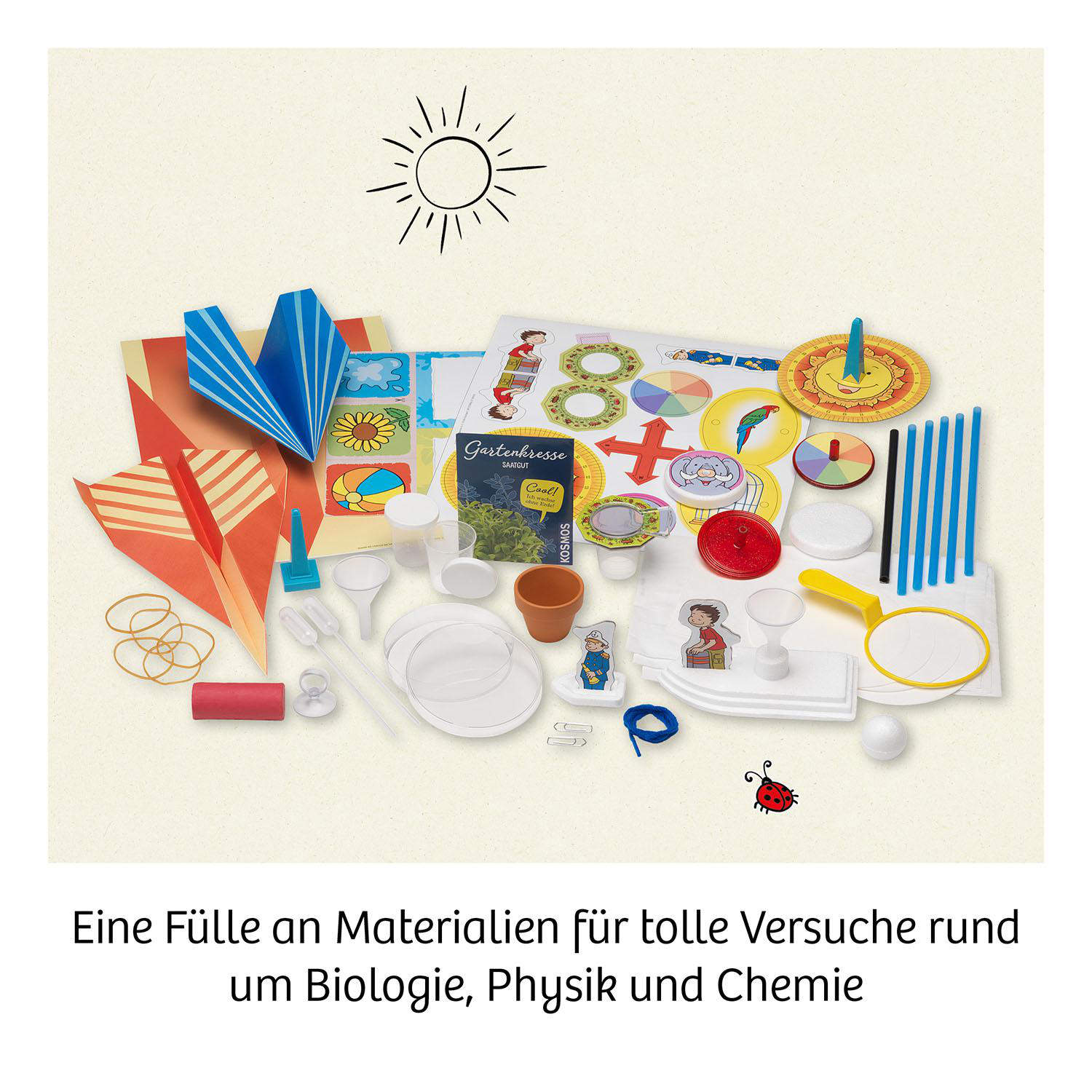 Verschiedene Materialien für naturwissenschaftliche Experimente sind auf einer weißen Oberfläche angeordnet.