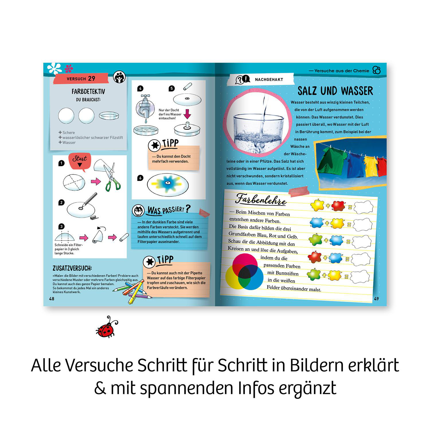 Seiten eines farbenfrohen Lehrbuchs mit Chemieexperimenten und bunten Zeichnungen.