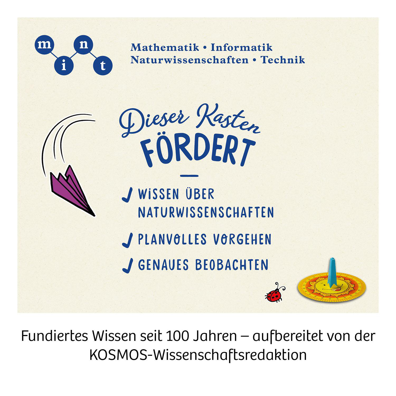 Illustration mit Papierflieger, Marienkäfer und Kreisel, Text wirbt für naturwissenschaftliches Wissen.