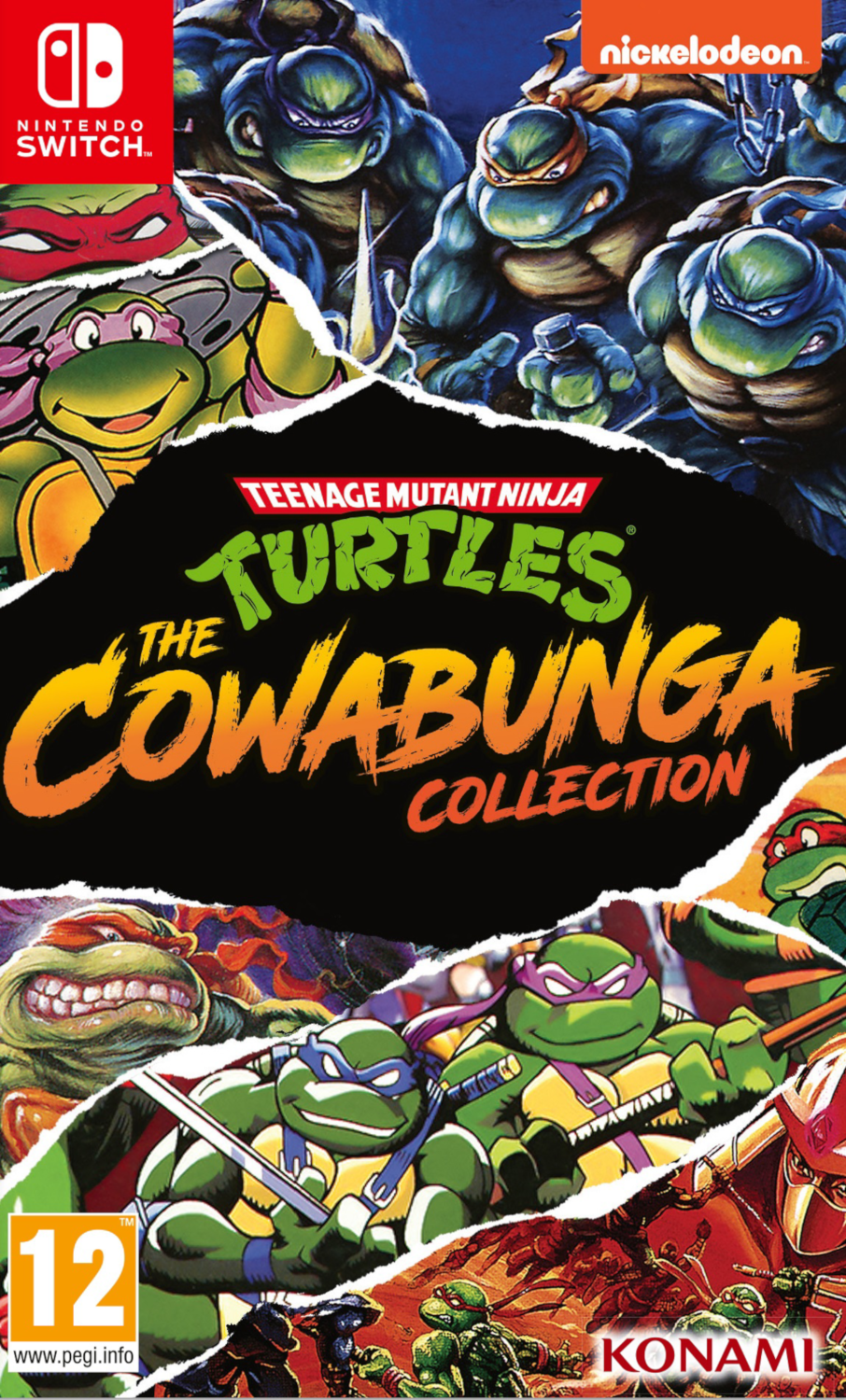 Boîtier de jeu vidéo des Tortues Ninja. La couverture montre les tortues. Logo Nintendo Switch.