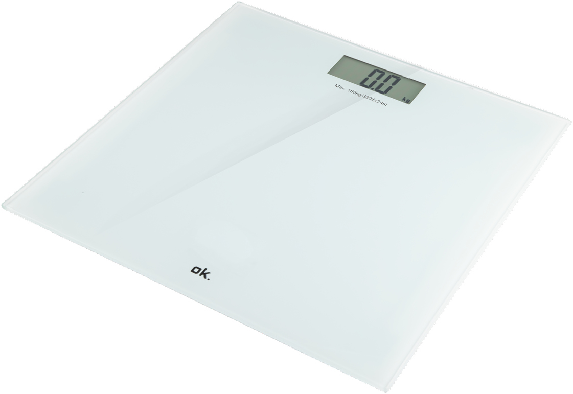 White digital bathroom scale, displaying 0.0 kg.