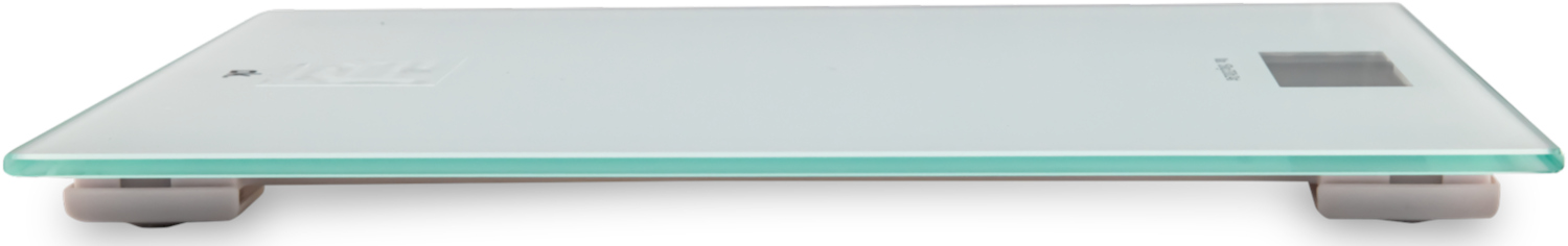 Glass scale on a white background. Has a digital display and gray feet. Side view, showing the glass edge.