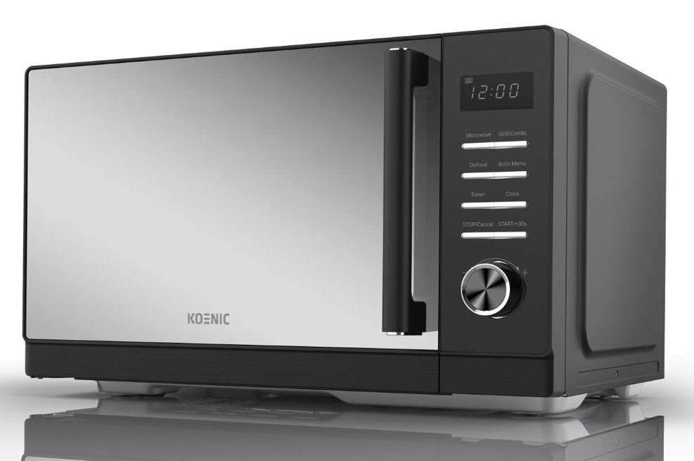 Microwave, silver front, black sides. Digital clock display, control panel on the right side.