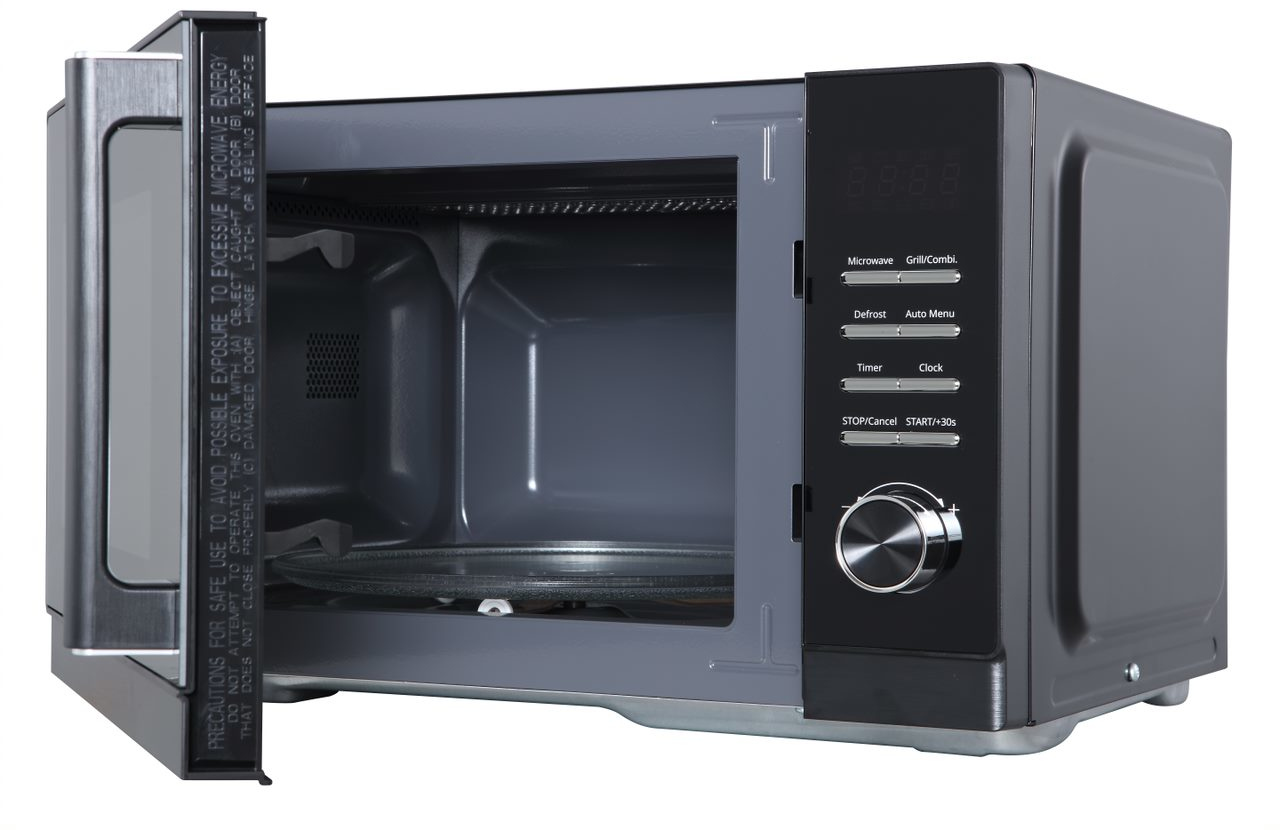 A black microwave with door open. Control panel on the right. Inside is gray.