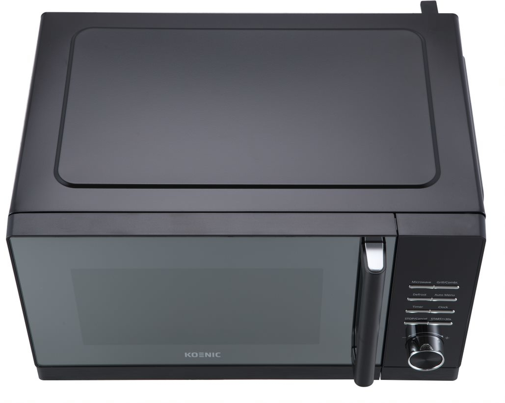 Black microwave oven, top view. Control panel and door are visible. Koenic brand.