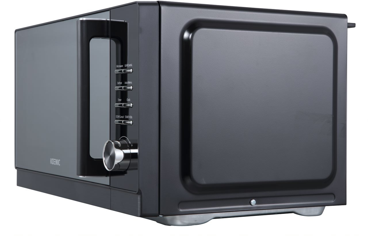 A black microwave oven with a glass door, controls, and a black, rectangular body.